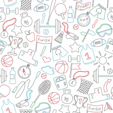 Bir tema üzerinde sorunsuz arka plan spor ve egzersiz, beyaz arka plan üzerinde renkli işaretleyicileri