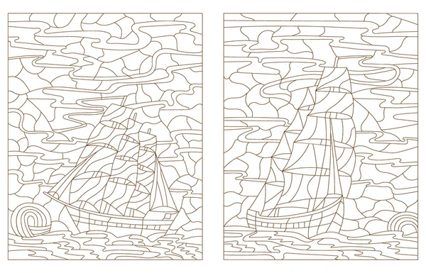 Conjunto de ilustración de contorno en pintura estilo vitral, veleros sobre un fondo de cielo y agua, contorno oscuro sobre un fondo blanco — Archivo Imágenes Vectoriales