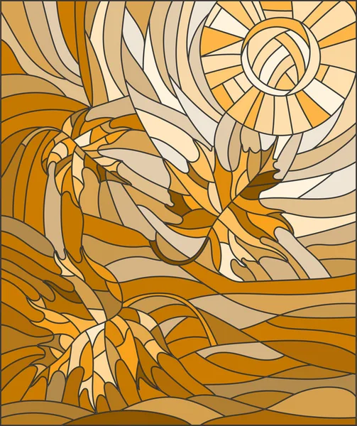 Illustration in Glasmalerei mit Ahornblättern auf dem Hintergrund Himmel und Sonne, die orangefarbene Palette — Stockvektor