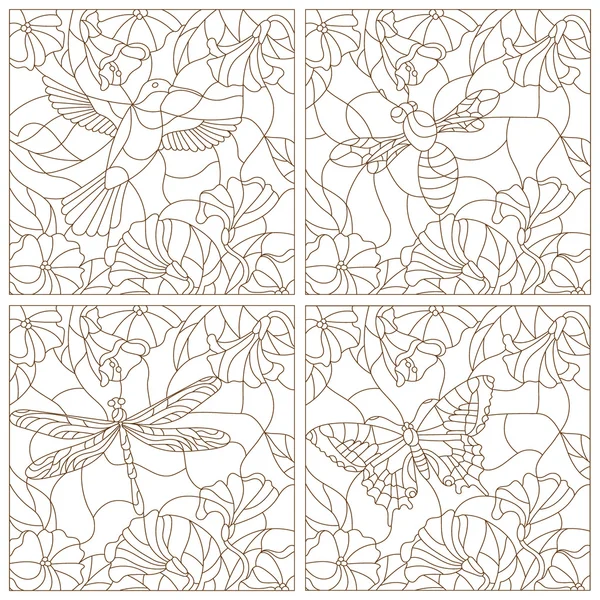 Set contour illustrations in the stained glass style , bird, bee, butterfly and dragonfly on the background colors Stock Illustration