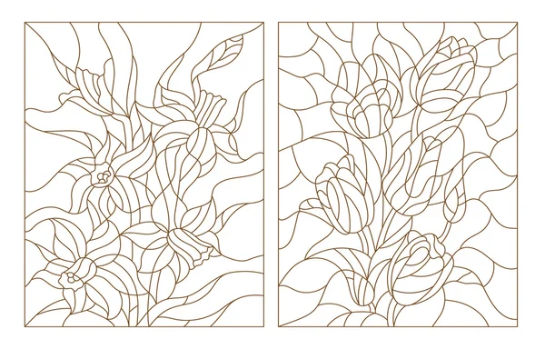 Set contour illustrations in the stained glass style, tulips and daffodils, dark outline on a white background Stock Illustration