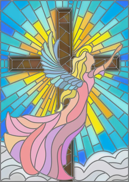 Ilustración en estilo vitral con un ángel sobre el fondo de la cruz, cielo y nubes — Archivo Imágenes Vectoriales