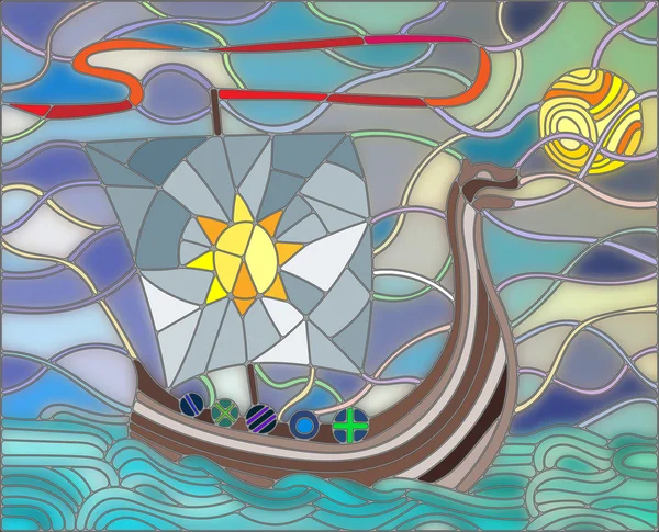 Illustration im Glasmalereistil mit antikem Schiff gegen Meer, Himmel und Sonne — Stockvektor