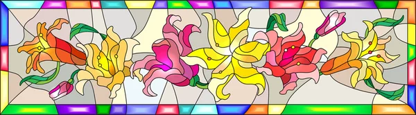 लिली के फूलों, बुड्स और पत्तियों के साथ रंगीन ग्लास शैली में चित्रण — स्टॉक वेक्टर