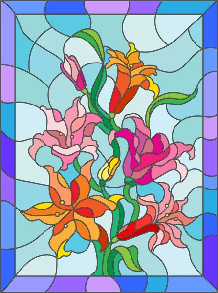 Ilustracja w stylu witrażu z kwiaty, pąki i liście lilii — Wektor stockowy