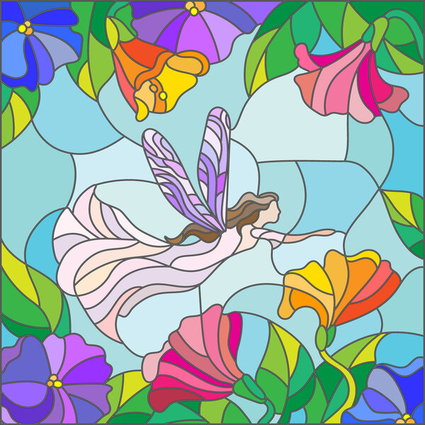 Illustration in stained glass style with a winged fairy in the sky, flowers and greenery