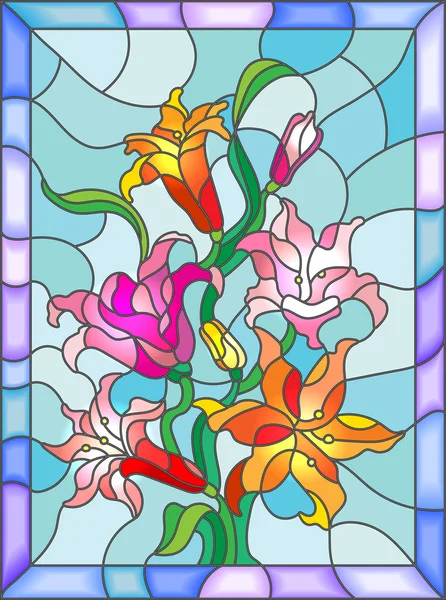 Illustratie in gebrandschilderd glas stijl met bloemen, knoppen en bladeren van Lily — Stockvector