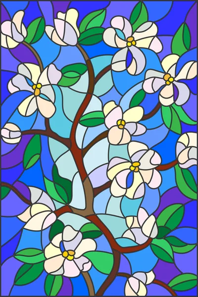 Ilustración en estilo vitral con flores abstractas de cerezo sobre fondo azul — Archivo Imágenes Vectoriales