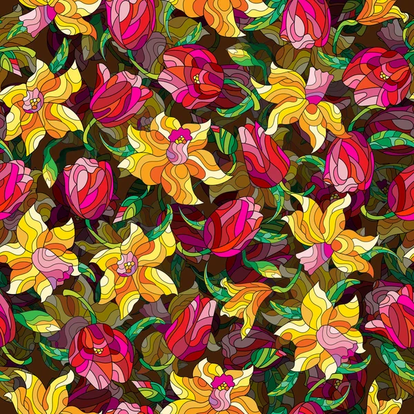 Sömlös bakgrund med vårblommor i målat glas stil, blommor, knoppar och blad av påskliljor och tulpaner — Stock vektor