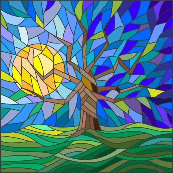 Ilustración en estilo vitral con un árbol abstracto sobre el fondo de los campos cielo, sol y verde — Archivo Imágenes Vectoriales