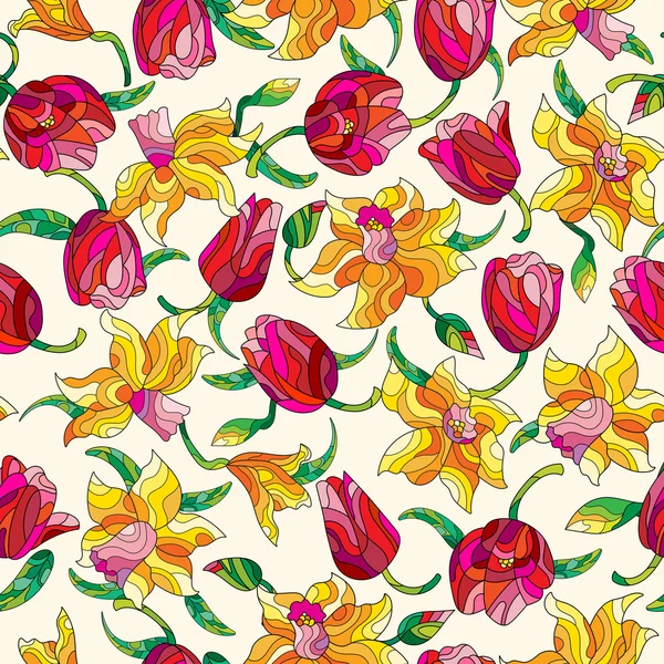 Seamless background with spring flowers in stained glass style, flowers, buds and leaves of daffodils and tulips on a light background Vector Graphics
