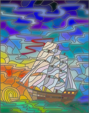 Vitray tarzı yelkenli gökyüzü, denizin ve güneşin doğuşunu karşı ile resimde