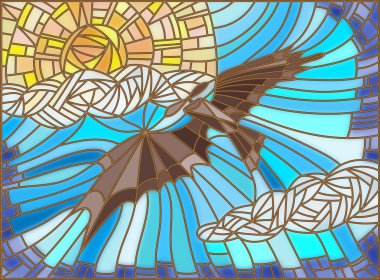 Vitray stil çizimde gökyüzü, bulutlar ve güneş vintage uçak ile