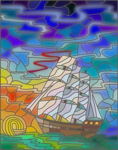 Ilustración en estilo vitral con veleros contra el cielo, el mar y el amanecer — Vector de stock