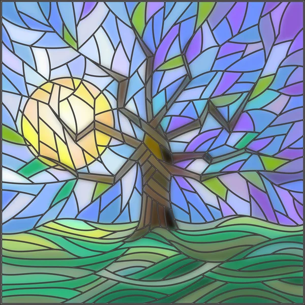 Ilustración en estilo vitral con un árbol abstracto sobre el fondo de los campos cielo, sol y verde — Archivo Imágenes Vectoriales