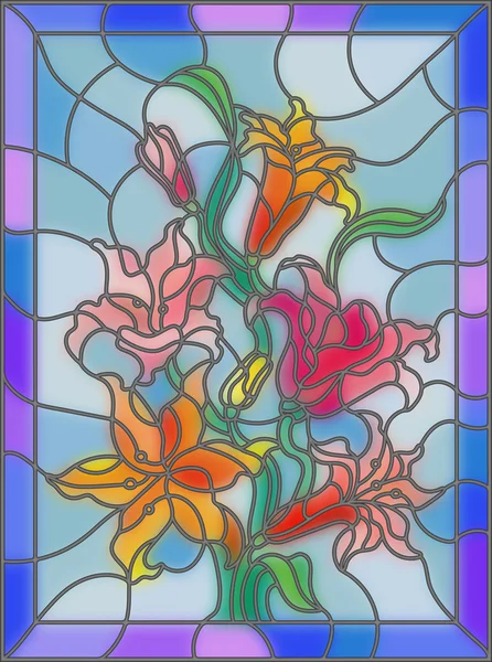 Ilustracja w stylu witrażu z kwiaty, pąki i liście lilii — Wektor stockowy
