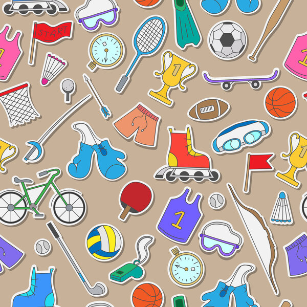 Seamless pattern on the theme of summer sports, simple colorful icons on a brown background