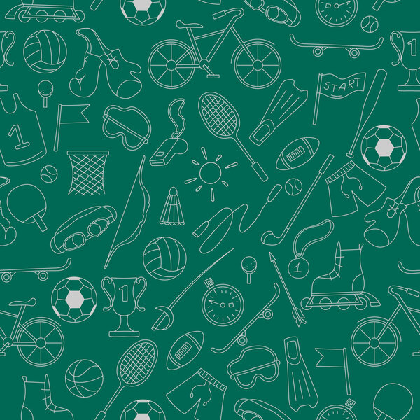 Seamless pattern on the theme of summer sports, simple icons light outline on a green background