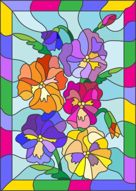 Çiçekler, vitray stiliyle çizimde tomurcukları ve pansy yaprakları