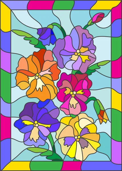 Illustration im Glasmalereistil mit Blüten, Knospen und Stiefmütterchenblättern — Stockvektor