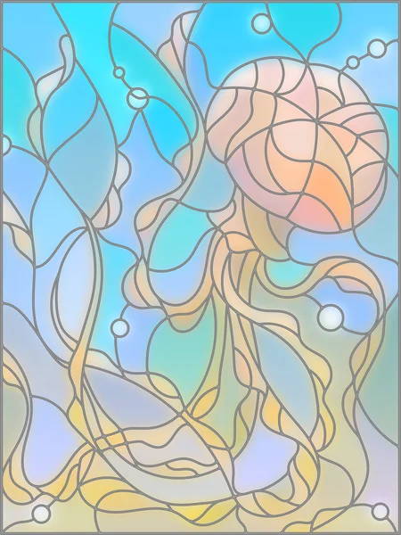 Illustration en vitrail avec méduses abstraites contre une mer bleue et bulles — Image vectorielle