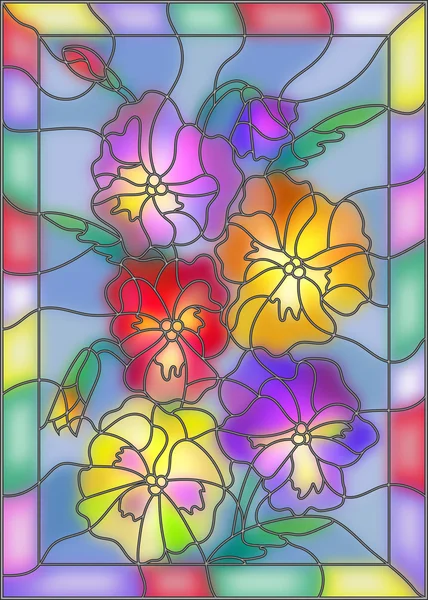 Ilustración en estilo vitral con flores, brotes y hojas de pansy — Archivo Imágenes Vectoriales