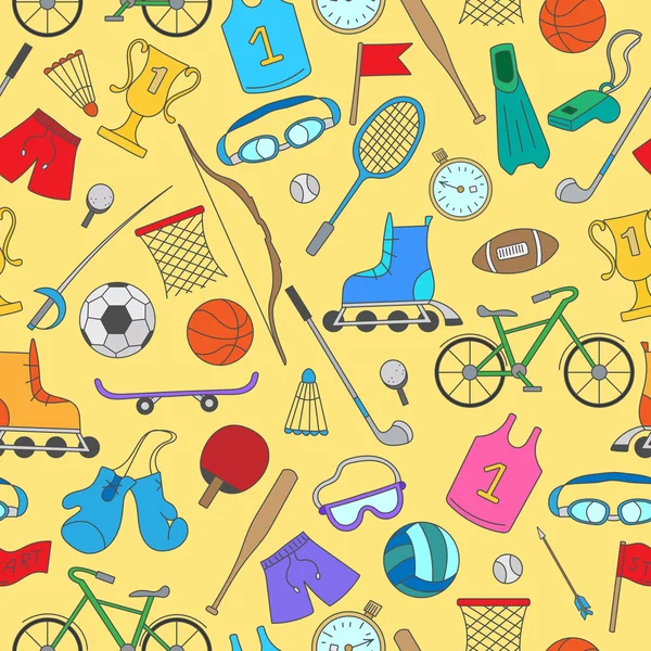 Bezešvé vzor na téma letních sportů, jednoduché barevné ikony na žlutém podkladu — Stockový vektor