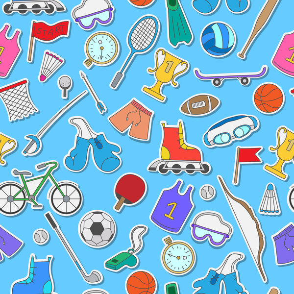 Seamless pattern on the theme of summer sports, simple colorful icons on a blue background