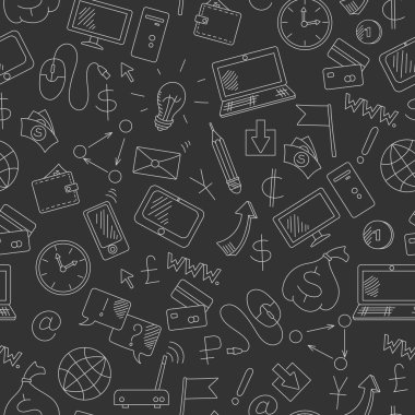 Sorunsuz arka plan bilgi teknolojisi konusunda ve para kazanın online, basit çizilmiş kontur simgeler, karanlık bir arka plan üzerinde ışık anahat