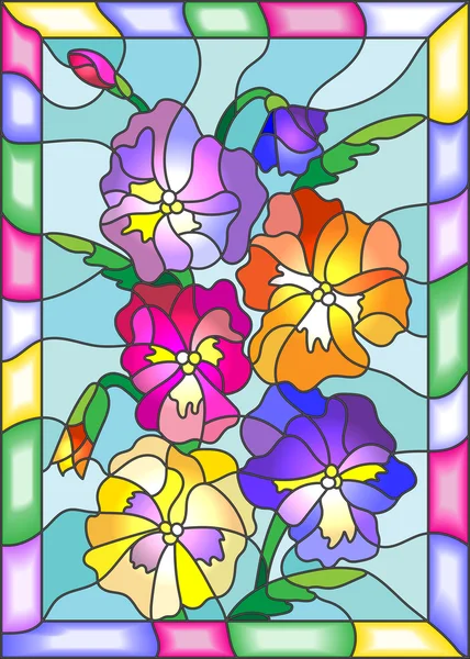 Ilustración en estilo vitral con flores, brotes y hojas de pansy — Archivo Imágenes Vectoriales