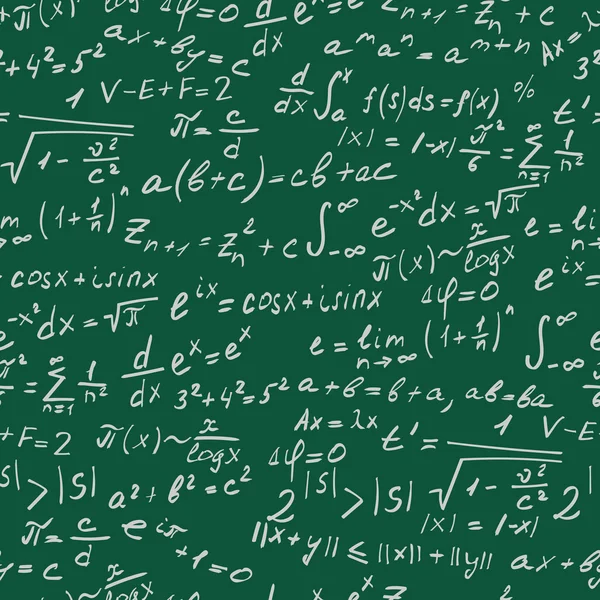 Bezešvé pozadí na téma matematické věty, značky a vzorce, lehké kontury na zeleném pozadí — Stockový vektor