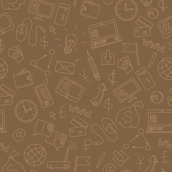 Sorunsuz arka plan bilgi teknolojisi konusunda ve para kazanın online, basit çizilmiş kontur simgeler, kahverengi bir arka plan üzerinde ışık anahat