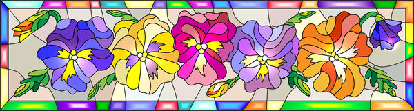 Illustration in stained glass style with flowers, buds and leaves of pansy