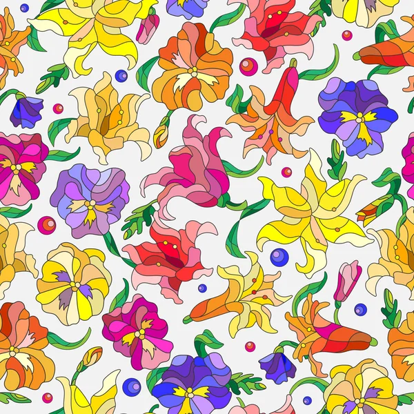 Nahtloser Hintergrund mit Frühlingsblumen im Glasmalereistil, Blumen, Knospen und Blättern von Stiefmütterchen und Lilien auf hellem Hintergrund — Stockvektor