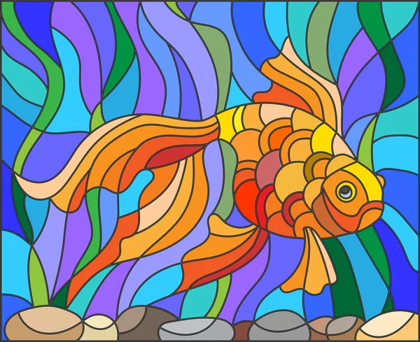 Ilustración en estilo vitral con peces dorados sobre el fondo de agua y algas — Vector de stock