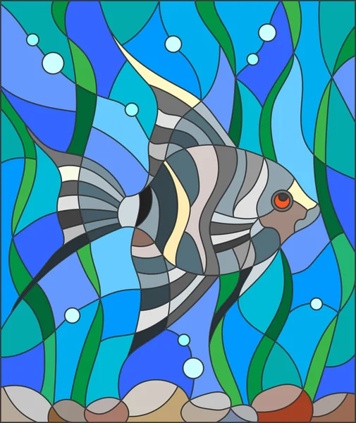 Ilustración en estilo vidriera de pescado escalar en el fondo de agua y algas — Vector de stock