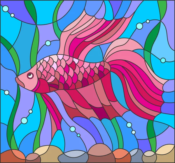 Ilustración en estilo vitral con peces rojos en el fondo de agua y algas — Vector de stock