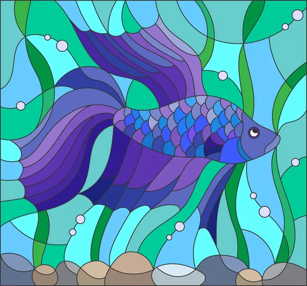 Ilustración en estilo vitral con peces de combate azules en el fondo de agua y algas — Vector de stock