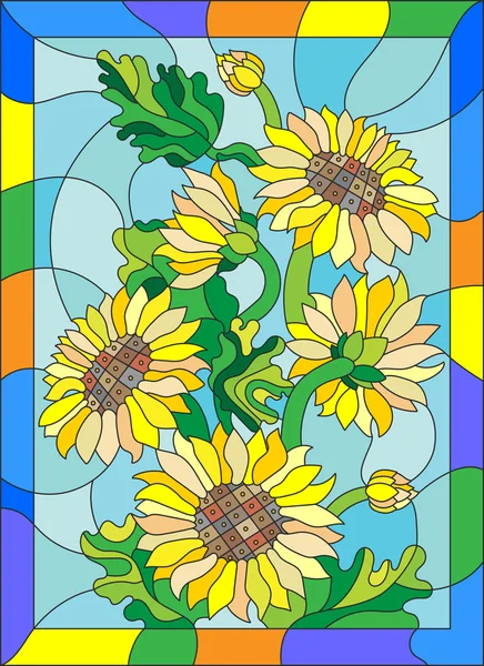 Ilustracja w stylu witrażu z kwiatami, pąki i liście słoneczników — Wektor stockowy