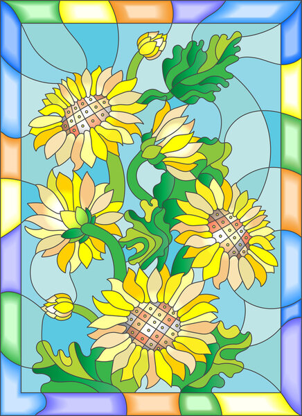 Illustration in stained glass style with flowers, buds and leaves of sunflowers