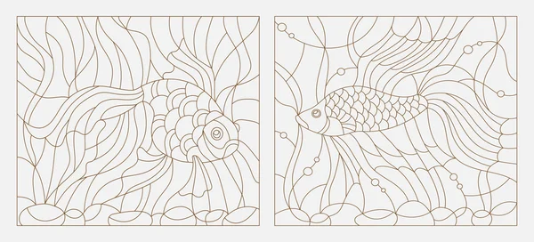 Set contour illustrations of stained glass with aquarium fish Royalty Free Stock Illustrations