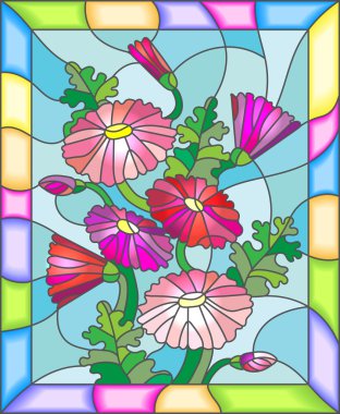 Çiçekler, vitray stiliyle çizimde tomurcukları ve Marguerite yaprakları