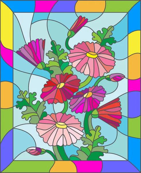 Ilustración en estilo vitral con flores, brotes y hojas de Marguerite — Archivo Imágenes Vectoriales