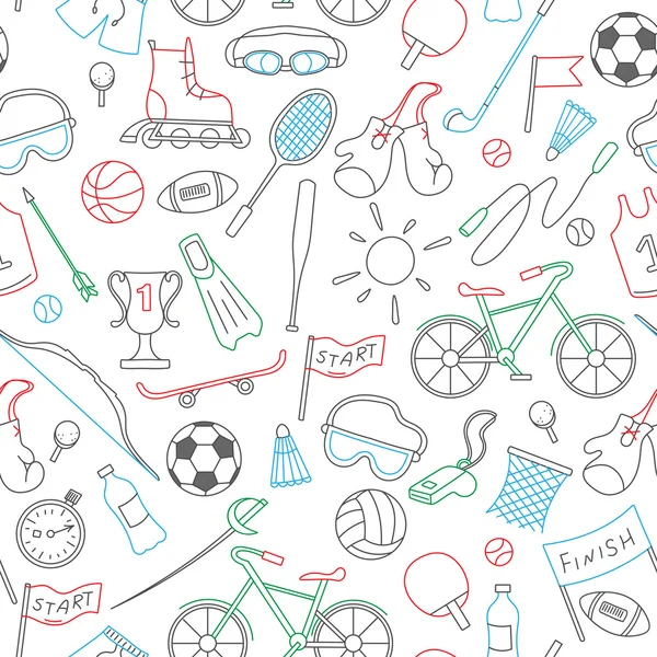 Bezešvé vzor na téma letních sportů, jednoduché ikony barevné značky na bílém pozadí — Stockový vektor