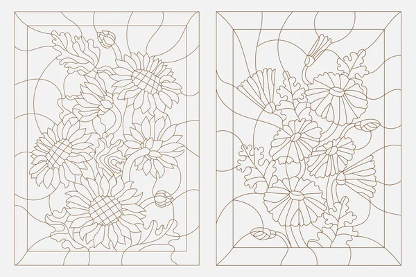 Contour illustraties in de stijl van gebrandschilderd glas, zonnebloemen en madeliefjes, donkere overzicht op een witte achtergrond instellen — Stockvector