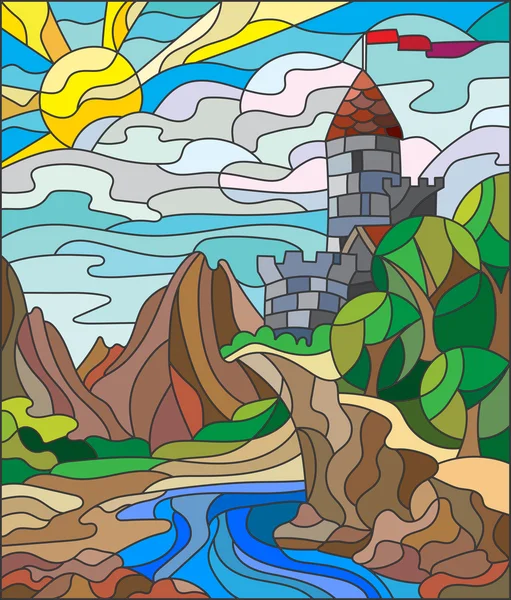 Ilustração em paisagem estilo vitral com castelo velho no fundo do céu, sol, rio e montanhas —  Vetores de Stock