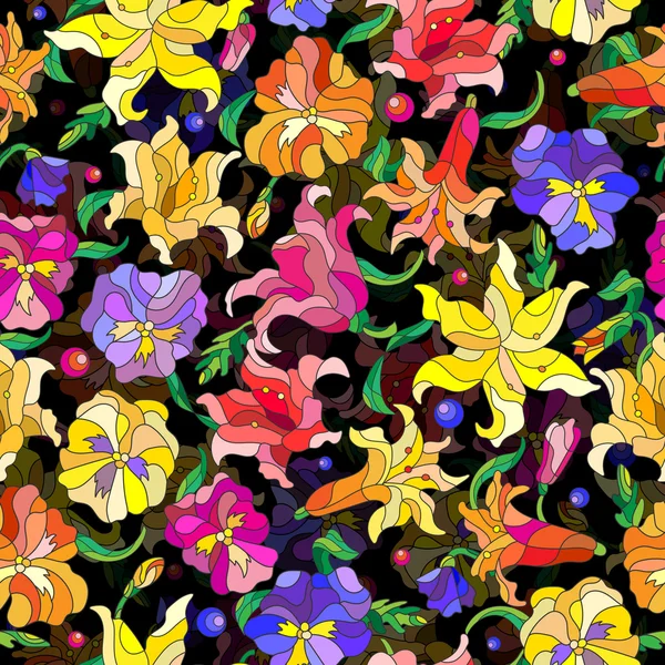 Nahtloser Hintergrund mit Frühlingsblumen im Glasmalereistil, Blumen, Knospen und Blättern von Stiefmütterchen und Lilien auf dunklem Hintergrund — Stockvektor