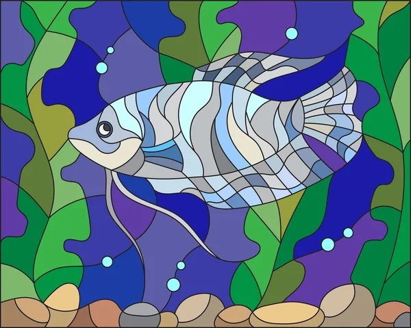 Ilustración en estilo vitral con gourami azul sobre el fondo de agua y algas — Vector de stock