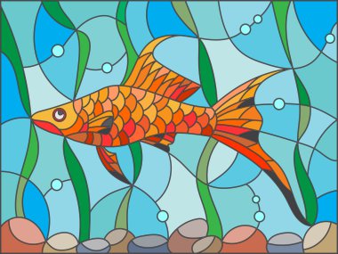 Su ve yosun vitray tarzı ile arka planda swordtail balık gösterimi