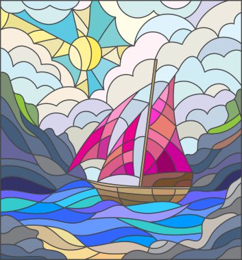 Vitray tarzı yelkenli gökyüzü, denizin ve güneşin doğuşunu karşı ile resimde
